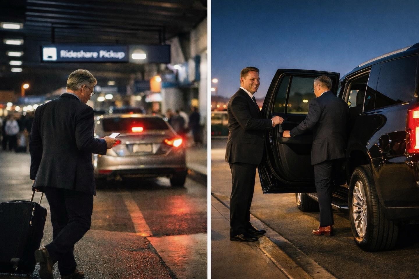 A rideshare pickup line next to a chauffeur opening the door of a black SUV