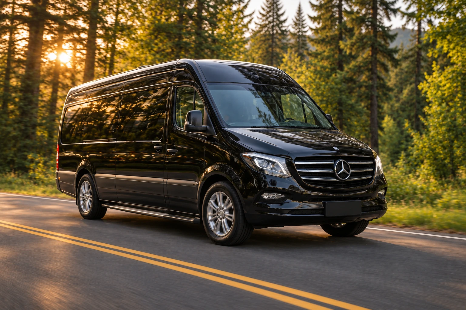 Black Mercedes-Benz Sprinter passenger van